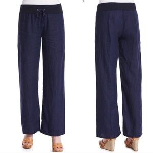 Eileen Fisher Wide Leg Pants Organic Linen Drawstring Navy Size Petite Medium